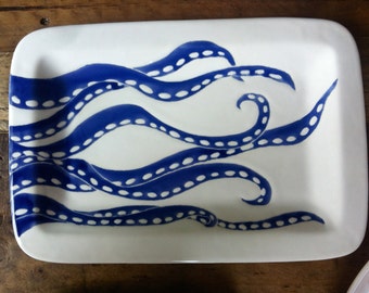 Blue octopus, rectangular tray, serving plate, platter, tray, dinner plate coastal pottery