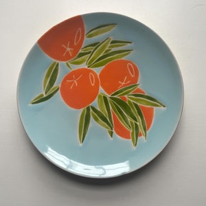 Etsy, orange tree pottery, orange, green, blue, handmade, set of four hand painted ceramic plate image 6
