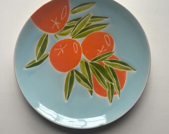 Etsy, orange tree pottery, orange, green, blue, handmade, hand painted ceramic plate