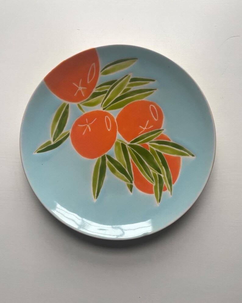 Etsy, orange tree pottery, orange, green, blue, handmade, set of four hand painted ceramic plate image 6