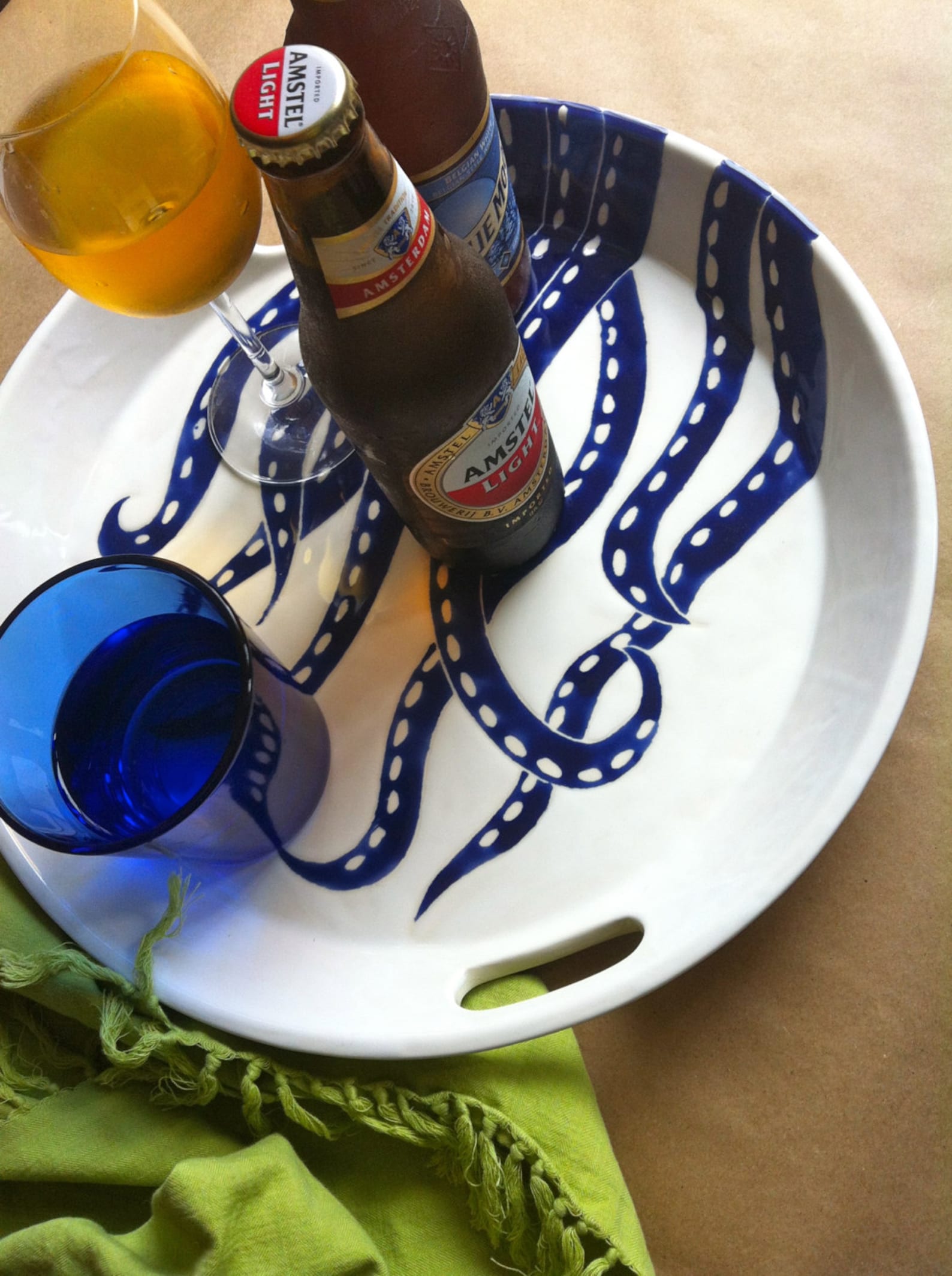 Extra Large Round Ceramic Serving Tray With Handles in Blue Etsy