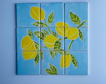 tile mosaic, kitchen backsplash, lemon tree, handpainted ceramic tiles