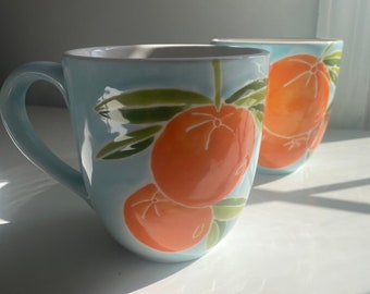 Etsy, mugs, orange tree ceramic pottery 20 oz, blue orange and green, set of 2 handpainted mugs