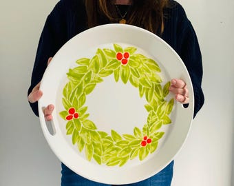 Christmas platter,hand painted, ceramic tray with handles, green and red