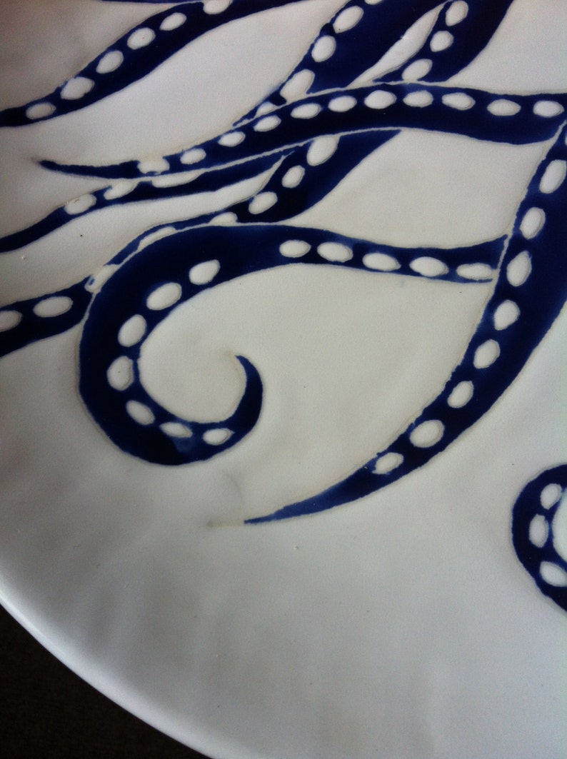 Navy blue octopus decor, round ceramic platter and dinner plate by Jessica Howard Ceramics image 5