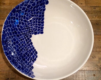 Large ceramic blue and white, scales pasta server