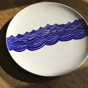 Large round wave platter, tray, blue and white, navy ocean themed hand painted ceramic pottery