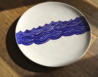 Large round wave platter, tray, blue and white, navy ocean themed hand painted ceramic pottery