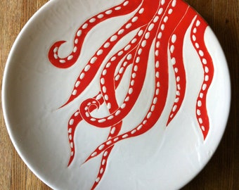 Coral and white octopus, round ceramic platter, plate, serving dish by Jessica Howard Ceramics