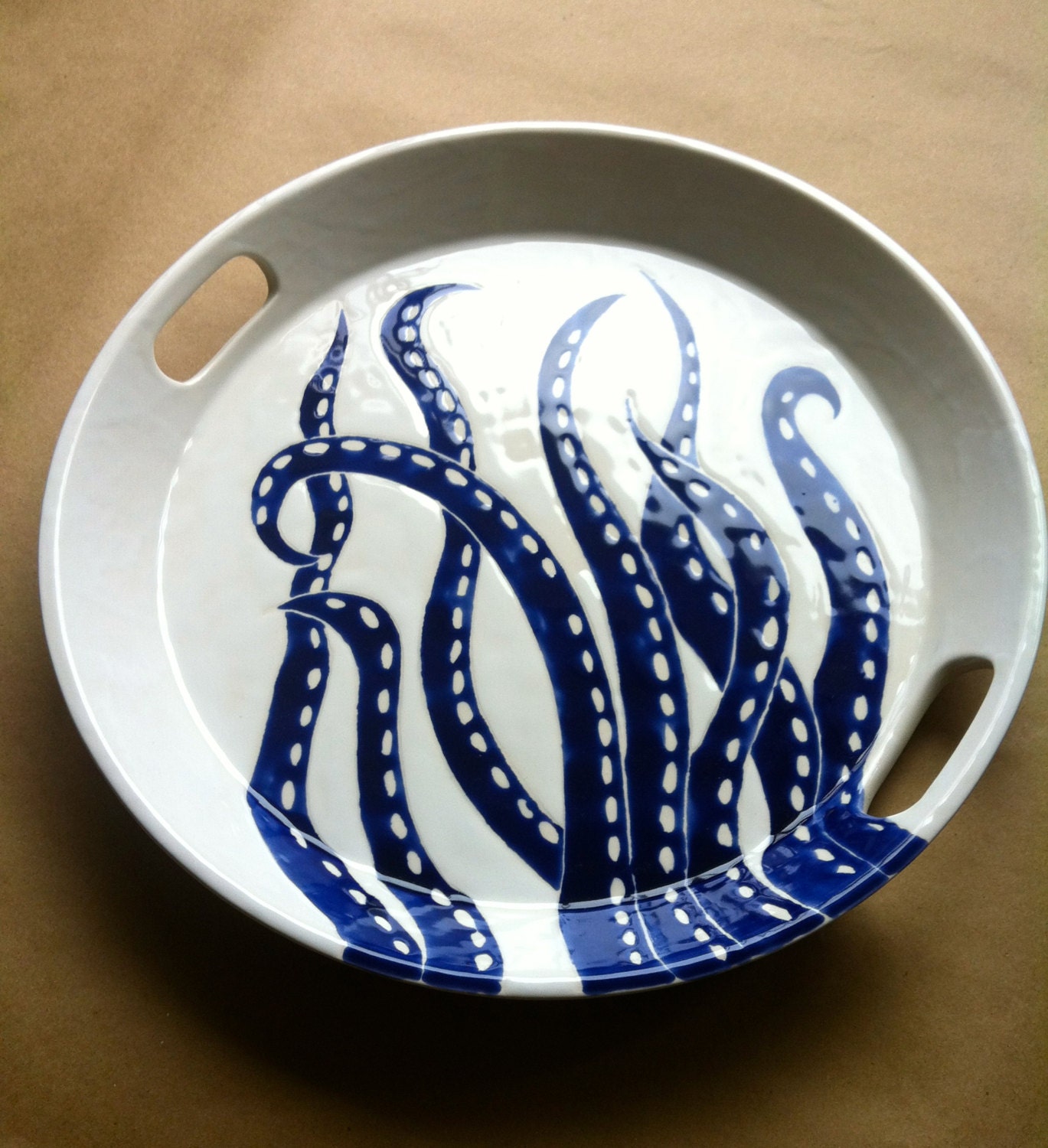 Extra Large Round Ceramic Serving Tray With Handles in Blue - Etsy