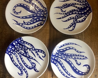 Dinnerware, serving dishes, Set of 6 blue and white octopus ceramic desert and salad plates, nautical, ocean themed pates