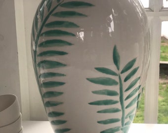 Sold! Turquoise and white, palm tree motif, Extra large ceramic vase, ginger jar, hand painted pottery,