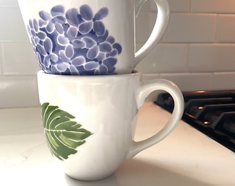 hydrangea pottery, handpainted mugs, blue, white and green