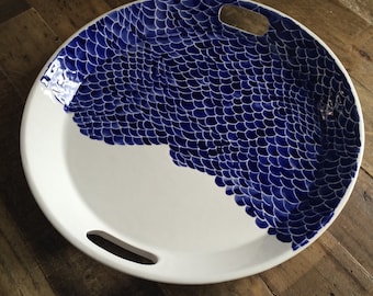 Blue fish scale, round ceramic serving tray with handles, blue and white