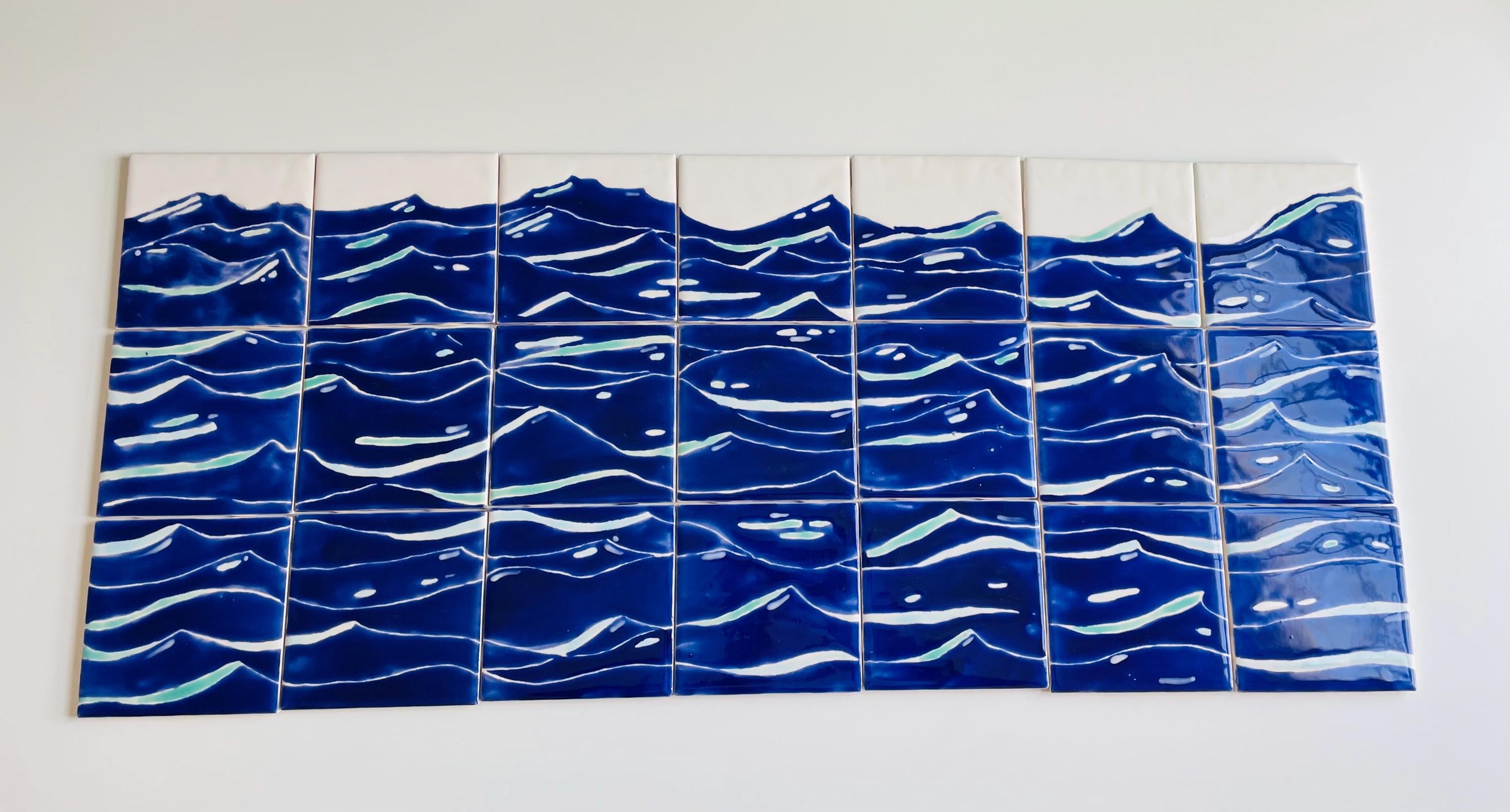 coastal tile mosaic, ceramic mural, blue and white ocean wall design