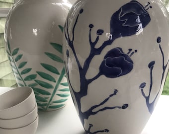Vase, blue and white flower, ginger jar, hand painted ceramic pottery