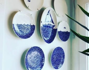 On sale sail boat on the water ocean wall decor plates on the wall blue white coastal pottery