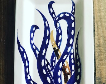 Sold. Ceramic tray, blue and gold octopus, rectangular platter, hand painted