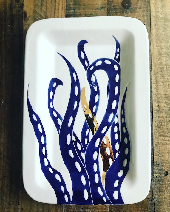 large serving plate for parties Blue and Red Ceramic Platter wall art or wedding gift