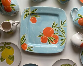 Etsy, orange tree, hand painted ceramic platter, serving dish, blue tray, pottery
