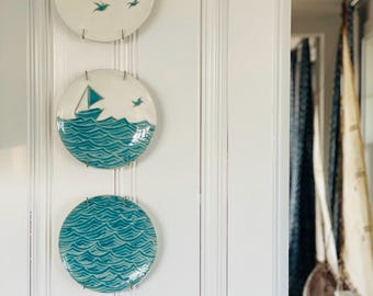As seen on HGTV Farmhouse Fixer mosaic boat scene plate wall dishes wall decor set of three ceramic plates ocean views sea pottery custom