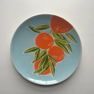 Etsy, orange tree pottery, orange, green, blue, handmade, set of four hand painted ceramic plate image 2