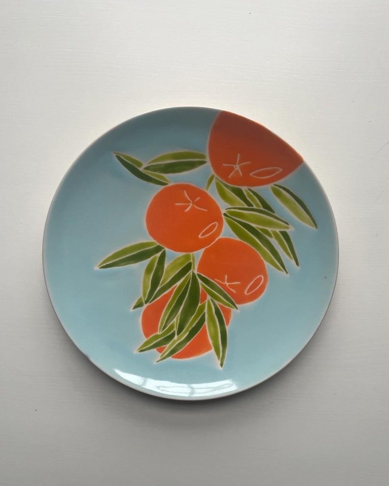 Etsy, orange tree pottery, orange, green, blue, handmade, set of four hand painted ceramic plate image 2