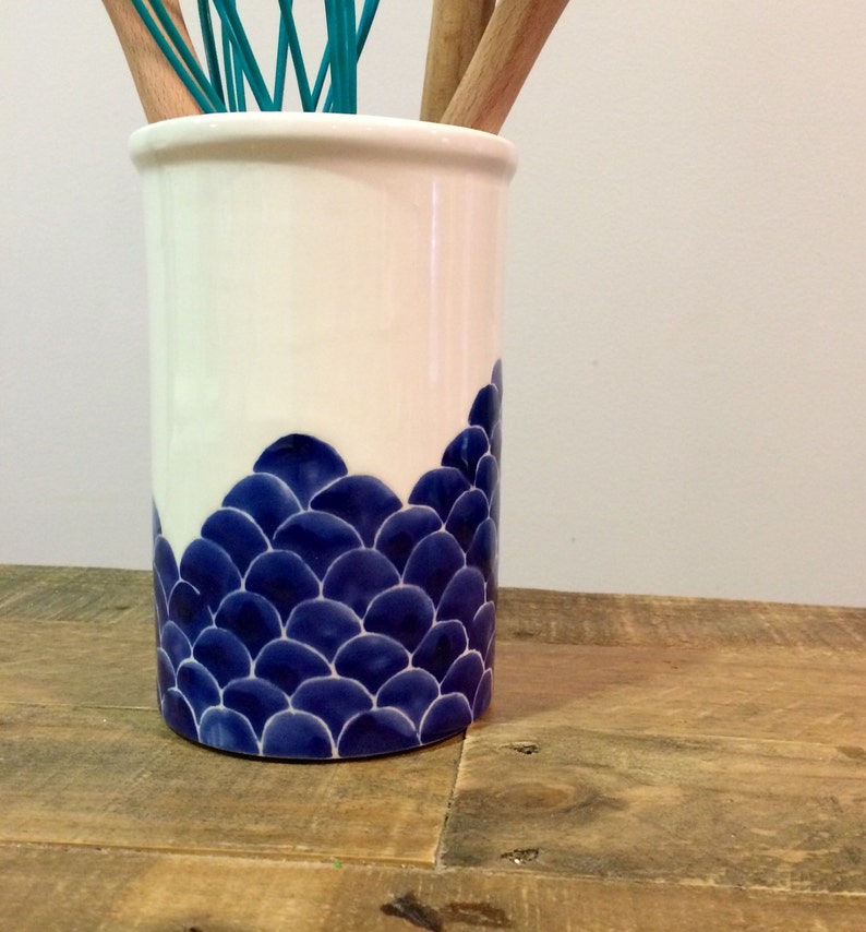Utensil holder blue and white fish scale ceramic utensil Etsy