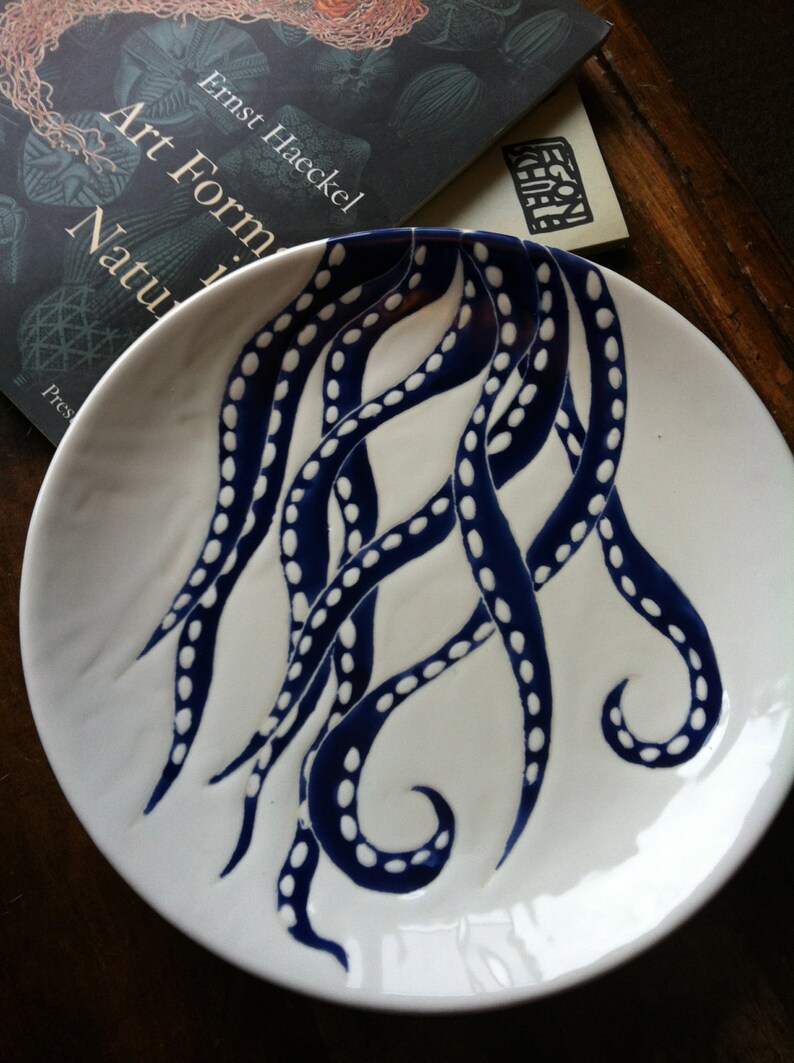 Navy blue octopus decor, round ceramic platter and dinner plate by Jessica Howard Ceramics image 2