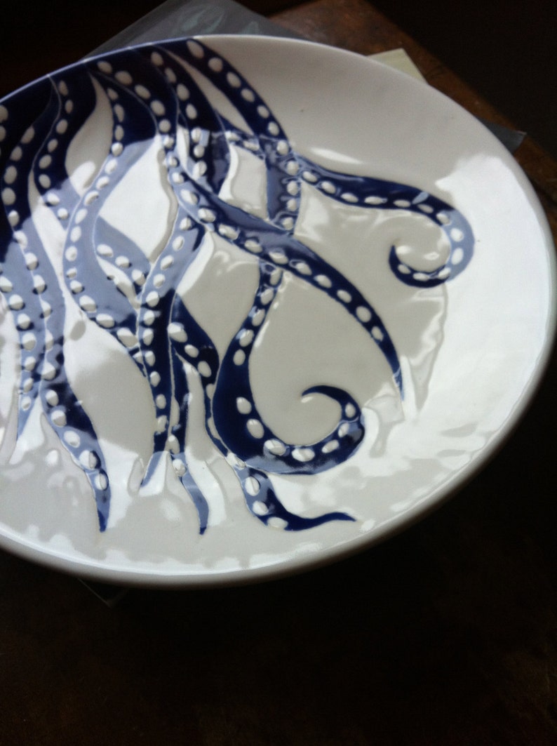 Navy blue octopus decor, round ceramic platter and dinner plate by Jessica Howard Ceramics image 3