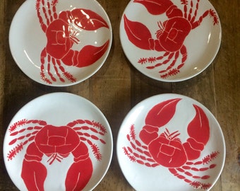 Dinnerware set of 4, nautical red crab serving plates, dinner, desert, salad dishes