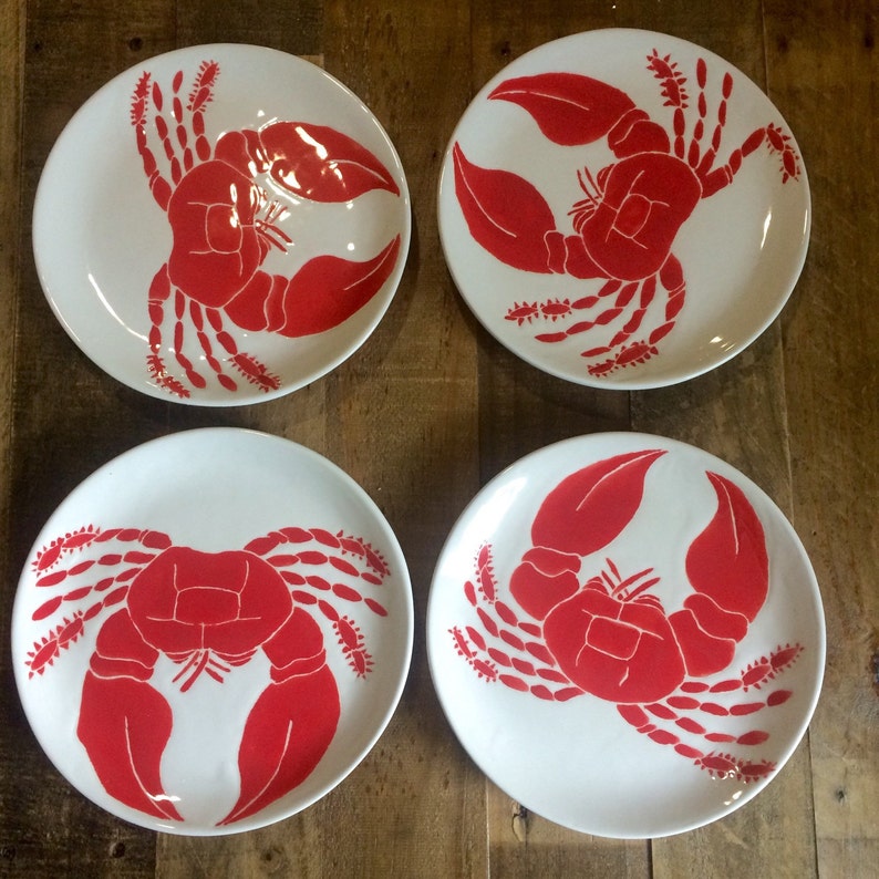 Dinnerware set of 4 nautical red crab serving plates dinner | Etsy