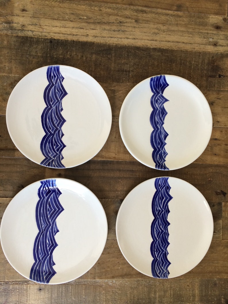 Dinnerware set of 4 ceramic dinner plates in blue ocean wave. 8 in diameter. Hand painted ceramic plates image 3