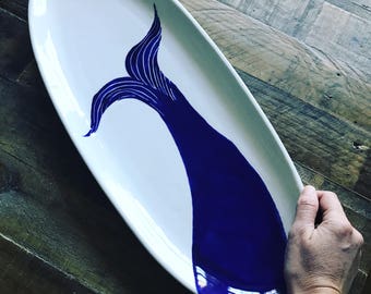 Whale platter, large server, blue and white, ceramic pottery, navy nautical hule serving platter