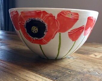 Large centerpiece bowl, poppy flower ceramic serving bowl