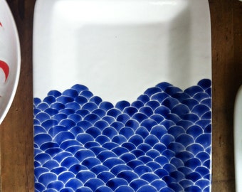 fish scale ceramic serving platter, navy, indigo, nautical, wedding, summer must haves