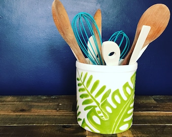 Utensil holder, large container green, palm leaves, hand painted ceramic pottery