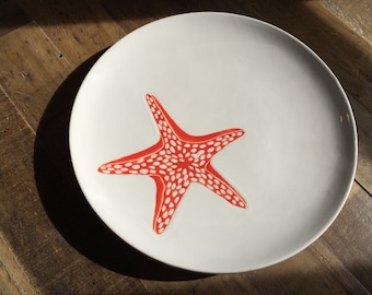 Red coral starfish ceramic round serving dish