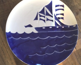 Sail boat pottery, blue and white pottery, ceramic serving dish, platter