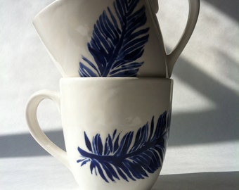 navy blue and white feather ceramic coffee, tea, mugs, cups by Jessica Howard