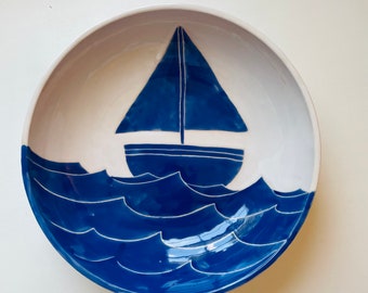 sailboat pottery, large serving pasta, salad bowls, blue and white