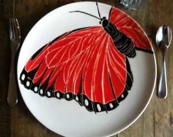 Orange and black butterfly hand painted ceramic serving dish by Jessica Howard