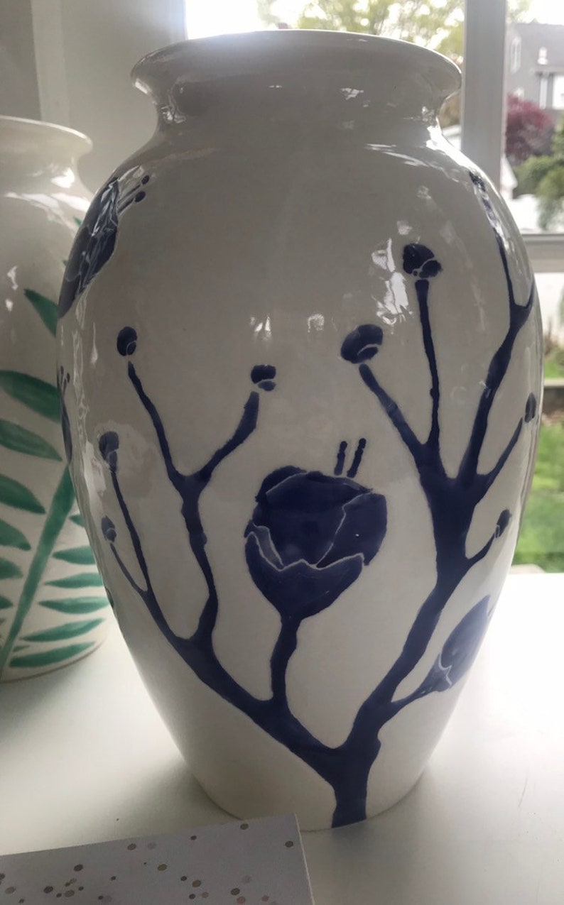 Vase Blue and White Flower Ginger Jar Hand Painted Ceramic Etsy
