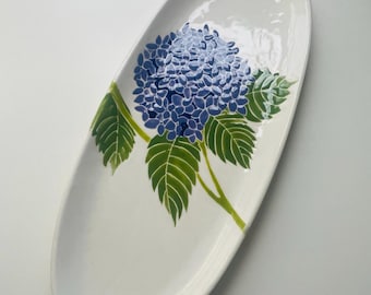 Etsy, hydrangea pottery, serving ware, handpainted ceramic serving oval platter