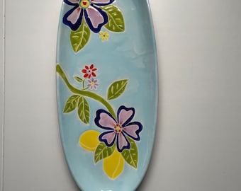 floral pottery, blue, long oval ceramic platter, serving ware