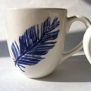 navy blue and white feather ceramic coffee, tea, mugs, cups by Jessica Howard image 3