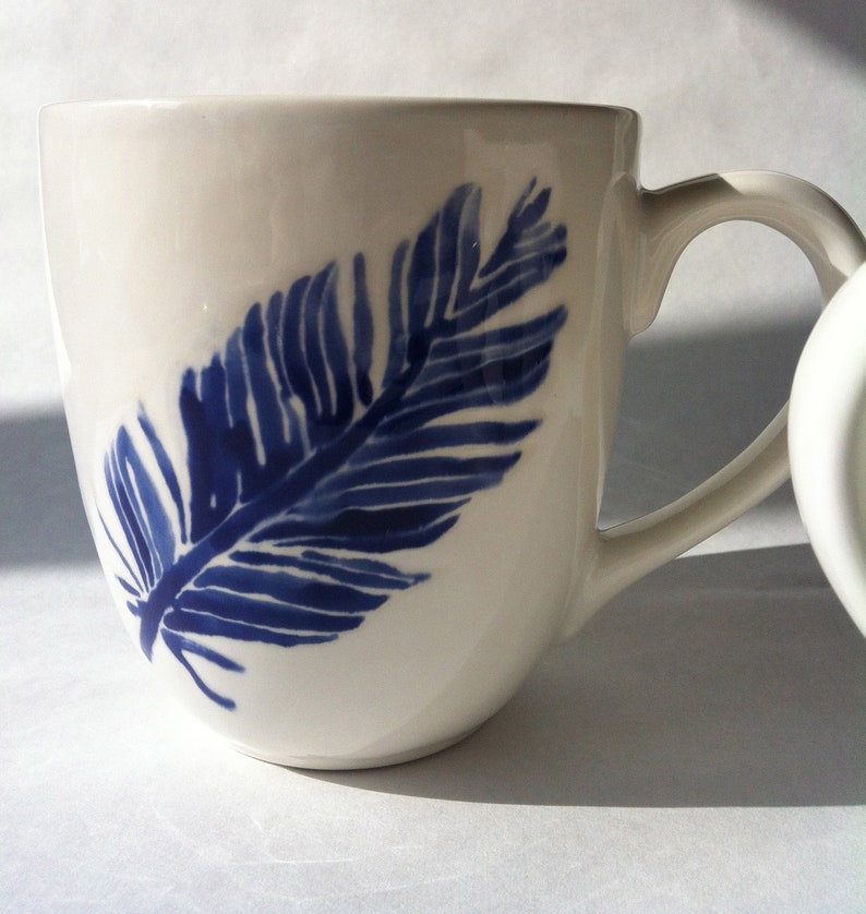 navy blue and white feather ceramic coffee, tea, mugs, cups by Jessica Howard image 3