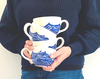 coastal mugs, set of 2 blue and white waves, 20 ounce mugs