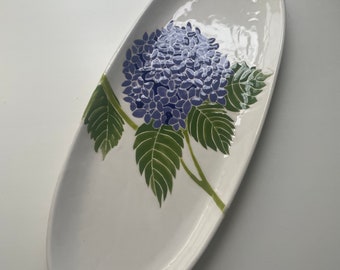 Etsy, hydrangea pottery, serving ware, handpainted ceramic serving oval platter