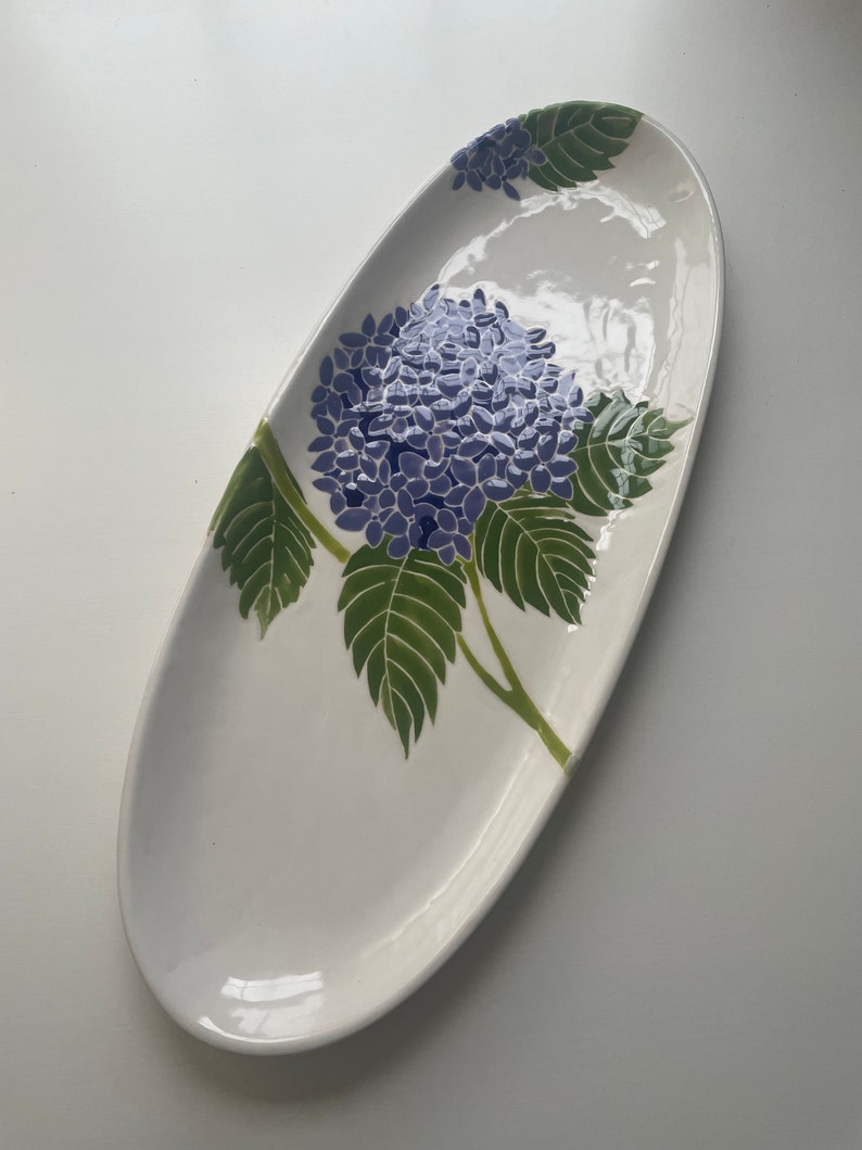 Etsy, hydrangea pottery, serving ware, handpainted ceramic serving oval platter image 1